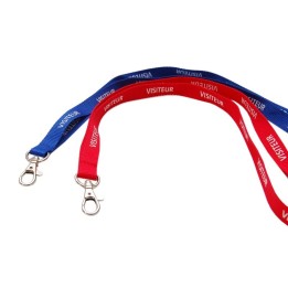 Cordon tour de cou plat 15mm avec crochet métal pré-imprimé VISITEUR Bleu ou Rouge 1437401