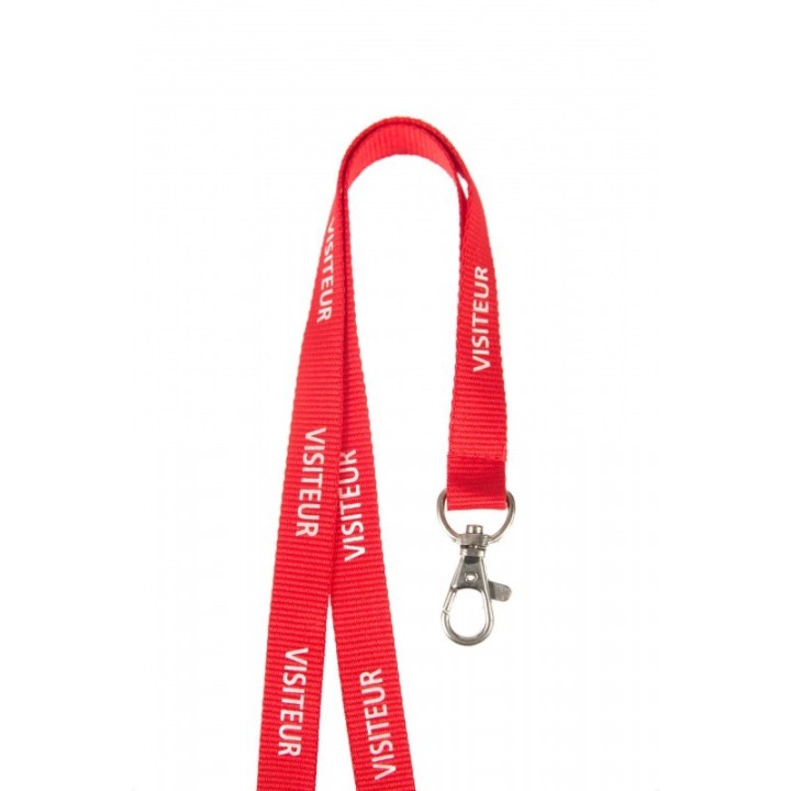 Cordon tour de cou plat 15mm avec crochet métal pré-imprimé VISITEUR Rouge 1437400