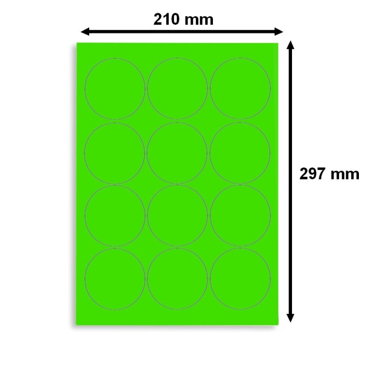 Étiquette en planche A4 ronde, coloris vert fluo. - 3398 - Disponible chez Althus-Office