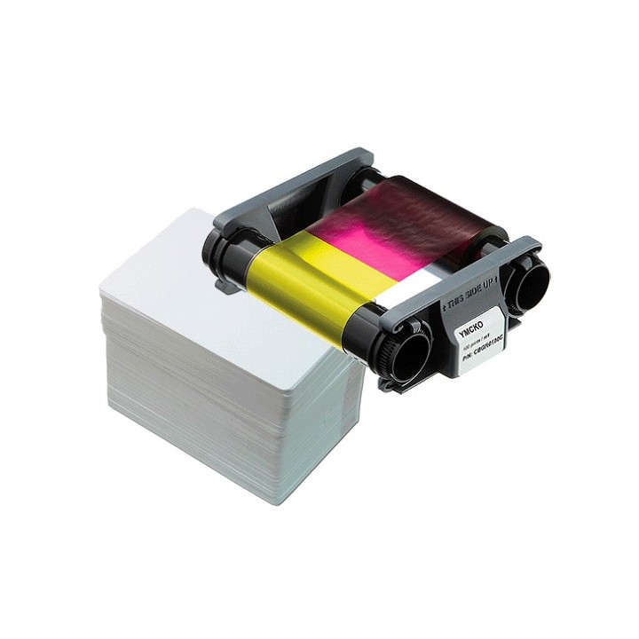 Kit 100 cartes PVC blanches 0.76mm + 1 ruban couleur 100 faces Badgy200 CBGP0001C